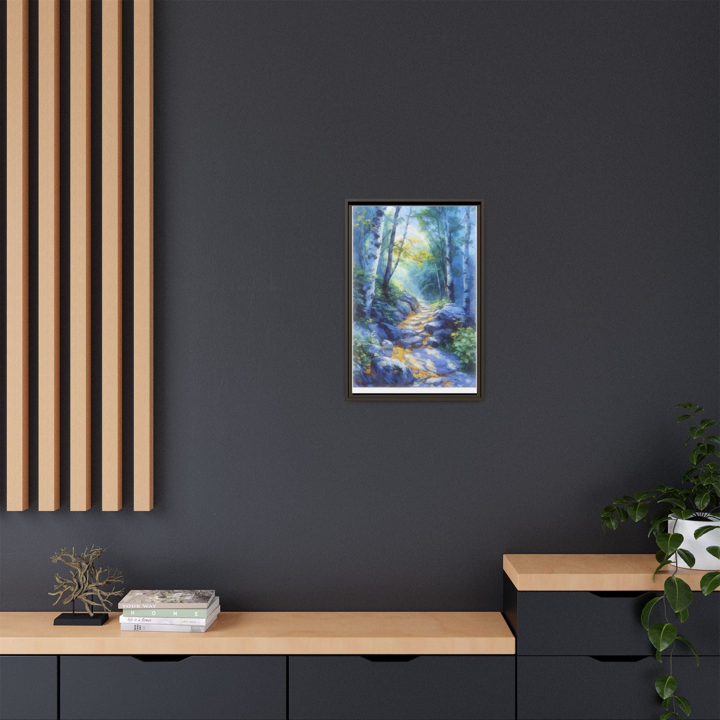 Blue Forest Path II wall art featuring a tranquil forest scene with a serene blue-toned path, printed on high-quality canvas for timeless décor.