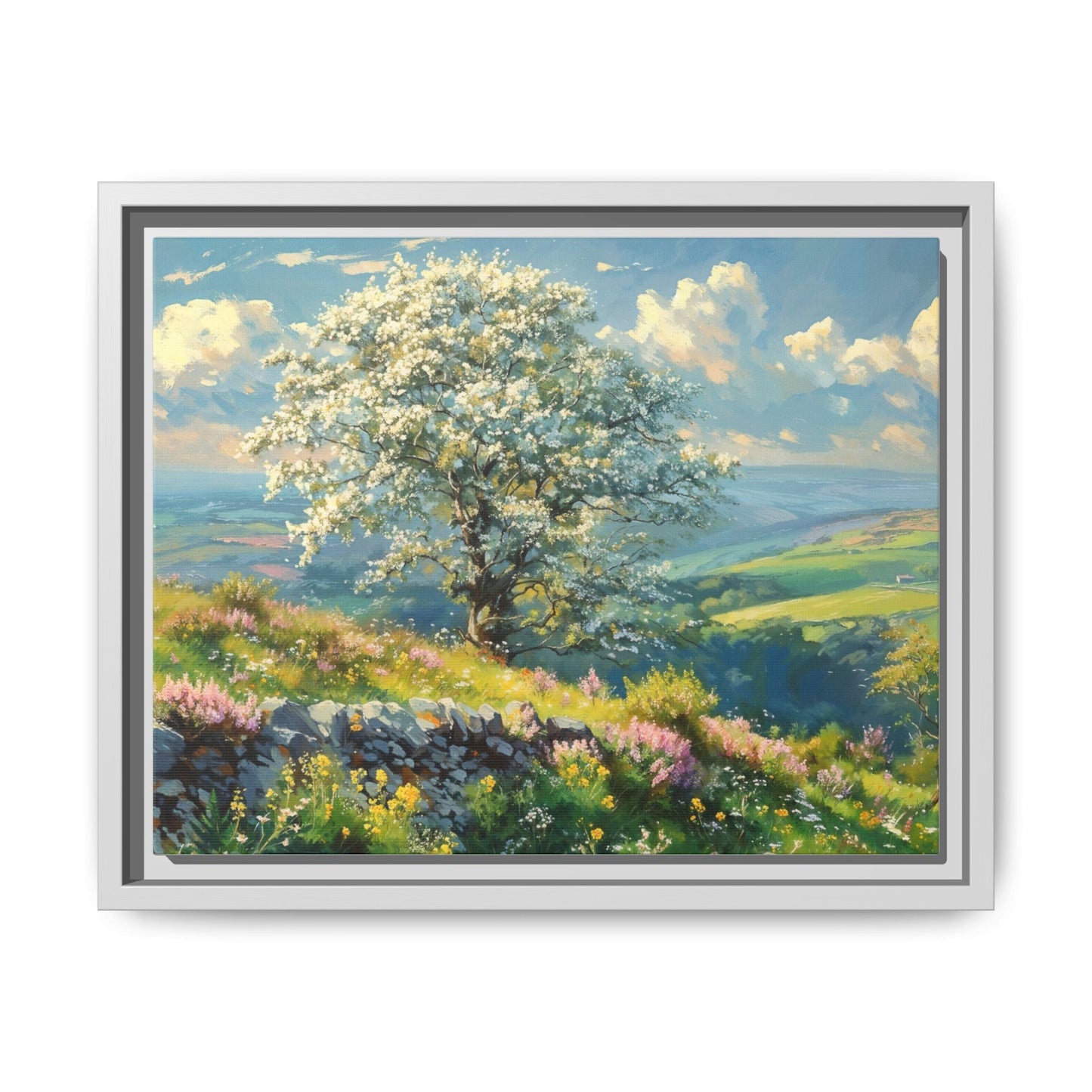 Whitethorn in Bloom wall art featuring a vibrant scene of blooming whitethorn trees, printed on high-quality canvas for a natural and timeless décor.