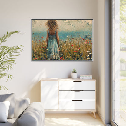 Young Girl Looking Out To Sea wall art, featuring a peaceful ocean view and a young girl in contemplation, printed on high-quality canvas for timeless décor.