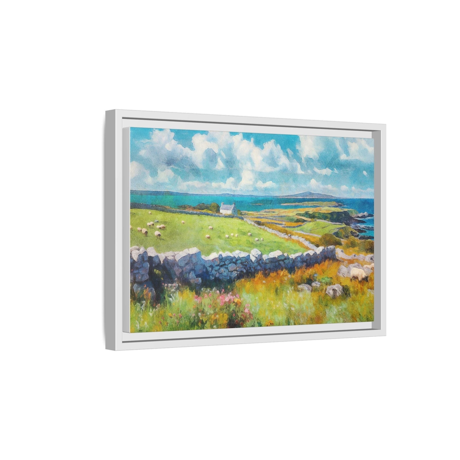 Far Flung Shores W.COL wall art featuring a serene coastal landscape, printed on high-quality canvas with a premium pinewood frame.