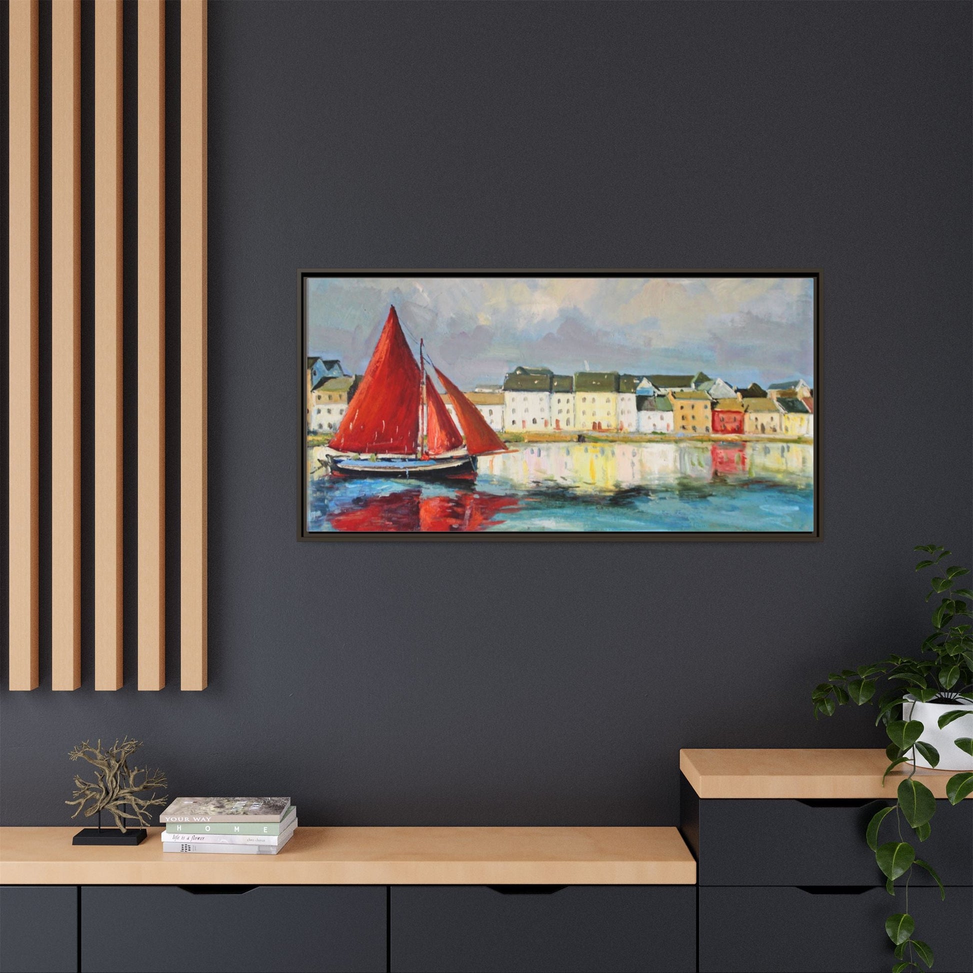 Galway Hooker Leaving Port wall art featuring a Galway Hooker boat sailing in a coastal scene, printed on high-quality canvas with a premium frame.