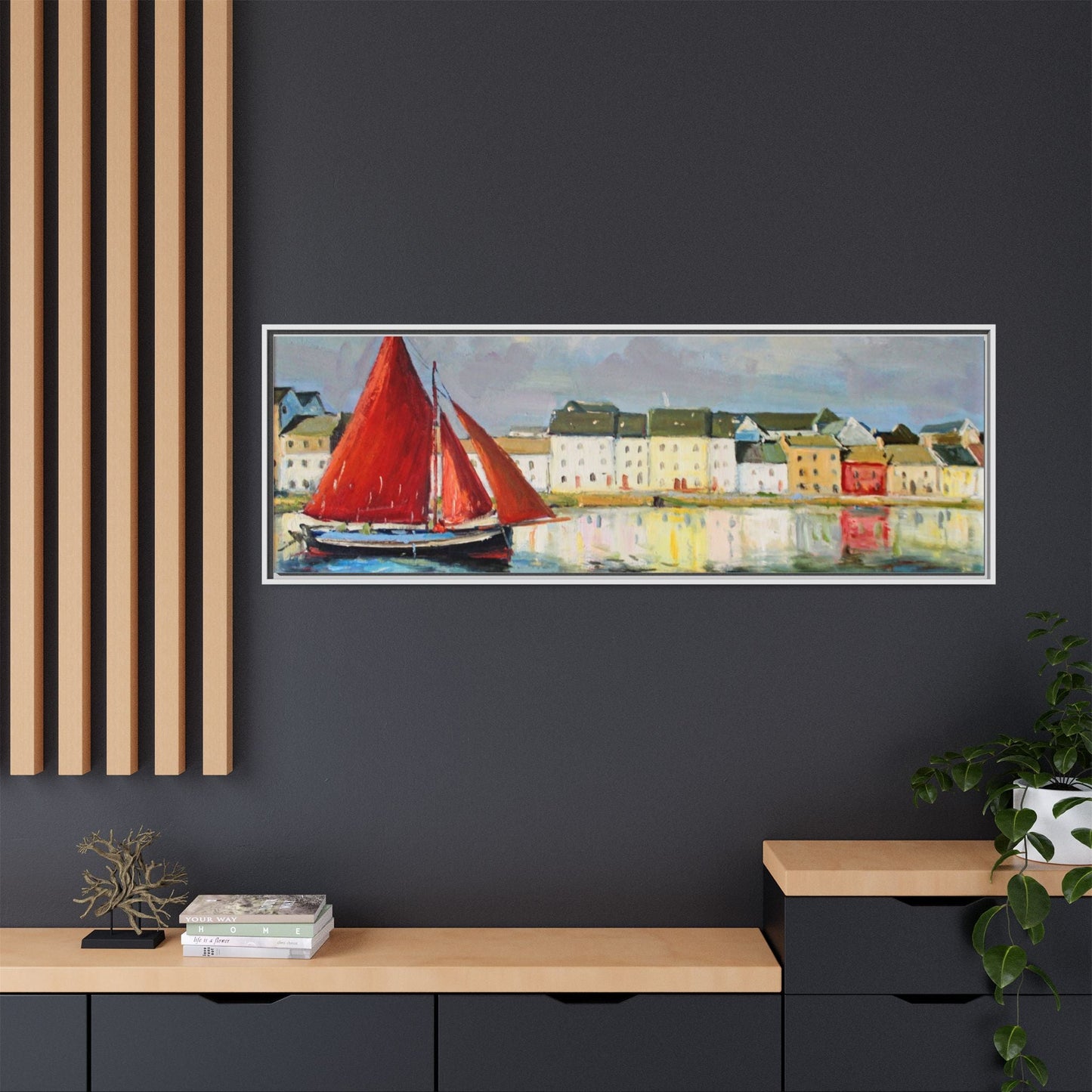 Galway Hooker Leaving Port wall art featuring a Galway Hooker boat sailing in a coastal scene, printed on high-quality canvas with a premium frame.